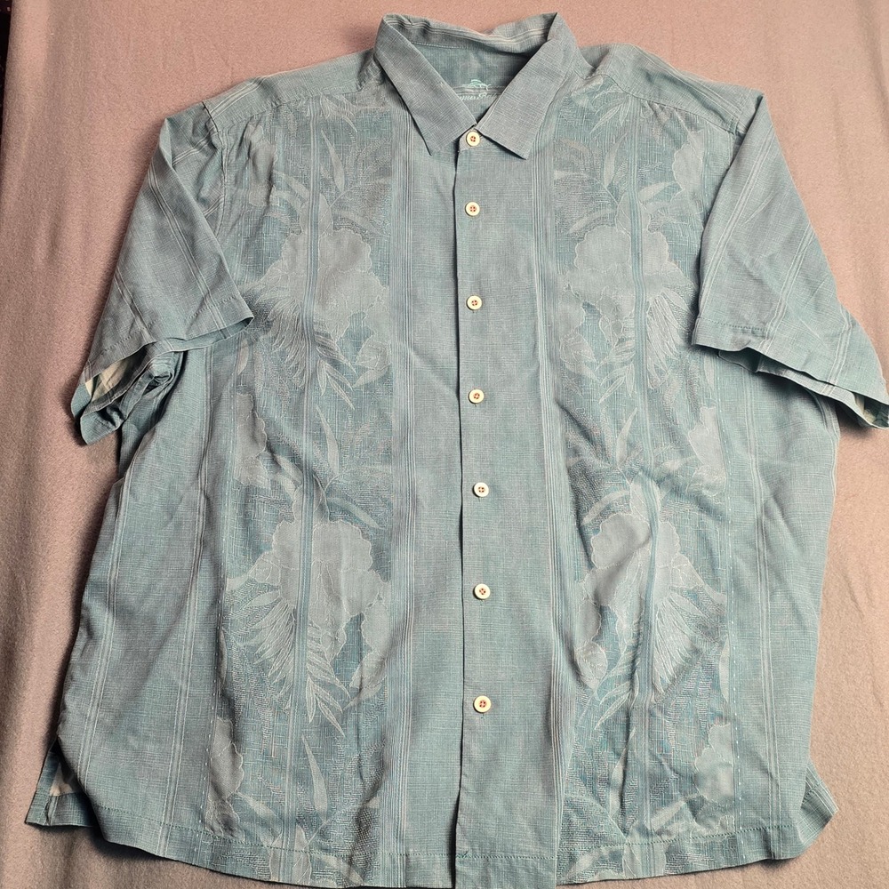 Tommy Bahama Mens 2XLB Blue 100% Silk Floral Jacquard Short Sleeve‎ Camp Shirt